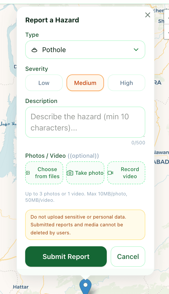 MarkSafe homepage · hazard map with report pins across Pakistan