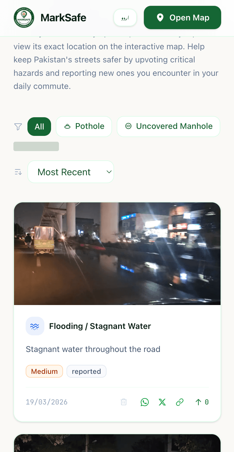 Interactive district map view showing reported hazard clusters